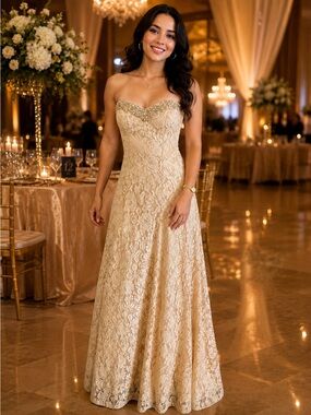 Strapless Lace Evening Gown in Light Champagne